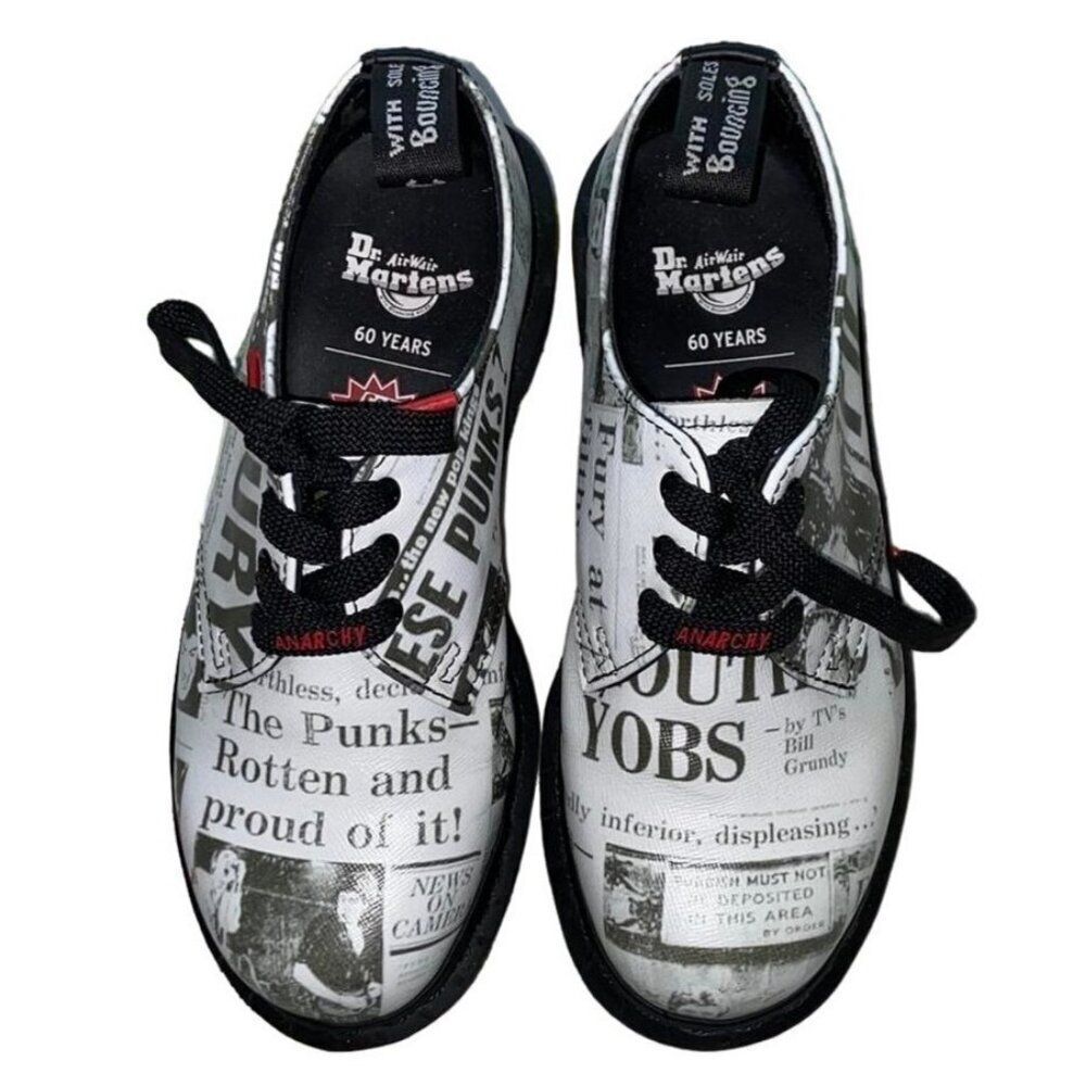 NEW DR. MARTENS Sex Pistols 1461 Oxford Shoes Punk 3-Eye B/W Newspaper Print Doc - Picture 7 of 9